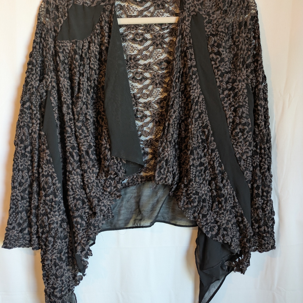 BKE black/grey asymmetrical waterfall cardigan/sheer overlay jacket Whimsy Goth
